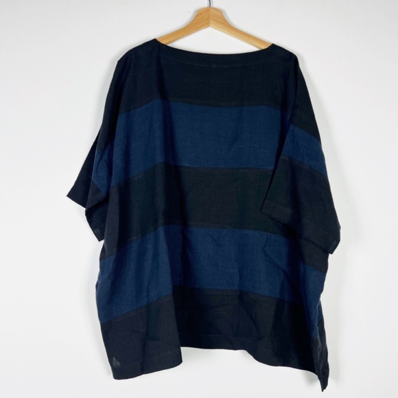 Eskandar Linen Lightweight Woven Boatneck Boxy Cut Oversized Blue Black Blouse L - Picture 1 of 4